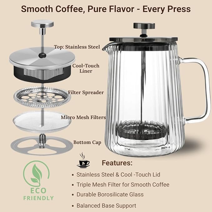 French Press Coffee Maker – 650ml / 22oz – Ribbed Glass Design – Borosilicate Glass with Stainless Steel Filter –Serves Small 4–5 cups