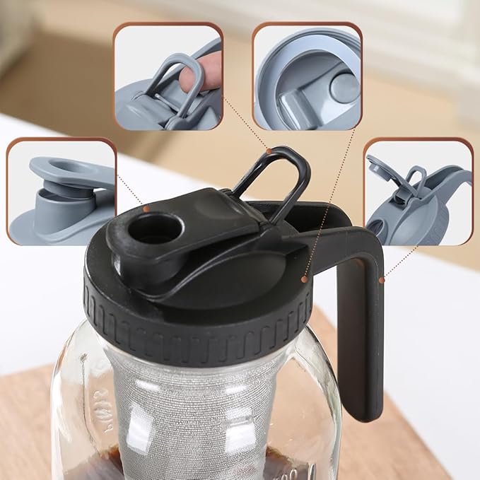 Glass Tea Pitcher with Airtight Lid Leak Proof Mason Jar with Stainless Steel Filter Glass Empty Jar for Water, Tea and Juice (Black)