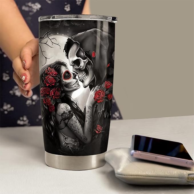 Skull Couple Tumbler 20oz Stainless Steel Insulated Coffee Travel Cup Tumblers Gifts for Wife Husband Boyfriend Girlfriend on Birthday Christmas Valentines Anniversary