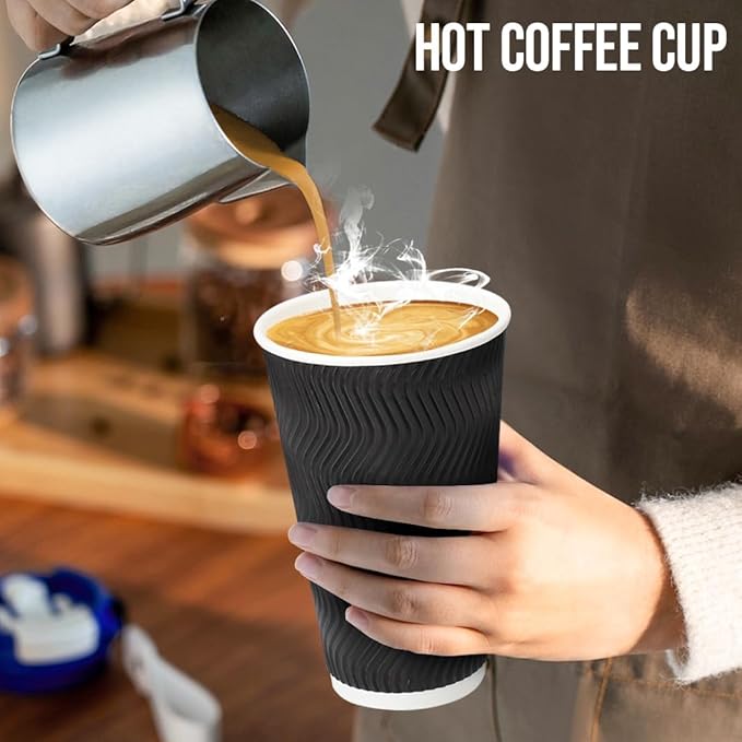 16 oz Coffee Cups with Lids, 500 Pack Disposable Coffee Cups Insulated Ripple Paper Cups for Water, Juice, Espresso (Black 16 oz)