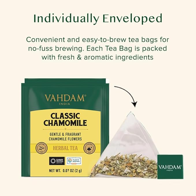 VAHDAM, Chamomile Herbal Tea Bags (15 Count) Caffeine Free, Non GMO, Gluten Free | 100% Pure Herbal Tisane - Sweet & Floral | Whole Leaf Tea Bags | Resealable Ziplock Pouch