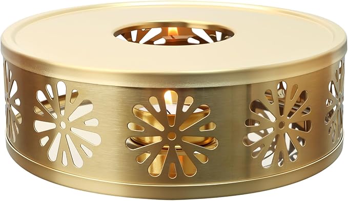 Tea Warmer Chrysanthemum Silhouette, JUKFITA Gold Brushed Stainless Steel Teapot Warmer, Includes 1 Tealight Holder