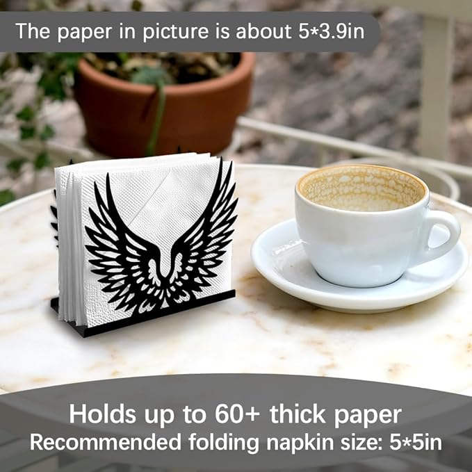 Feathered Wings Decorative Black Metal Napkin Holder for Table, 4.9" x 4.3" x 1.9" Bird Wings Standing Napkin Holder for Home Kitchen Restaurant Picnic Party Coffee Bar Dining Room