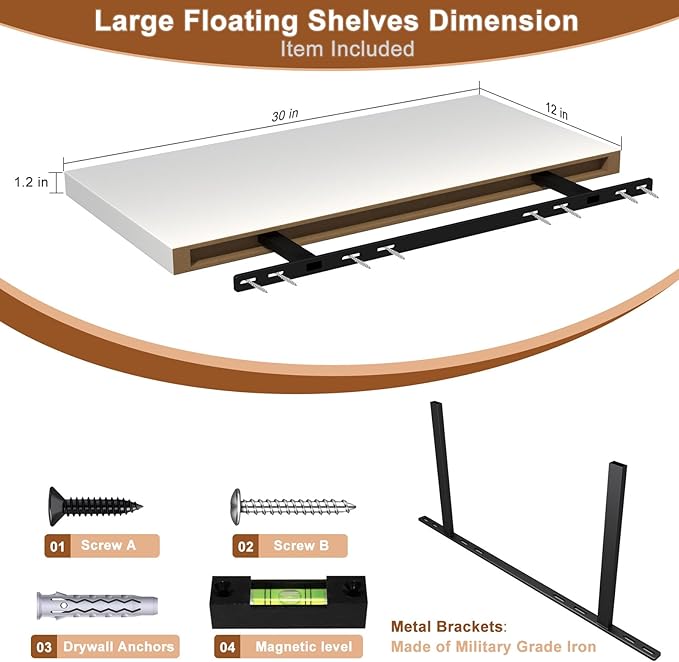 12 Inch Deep Floating Shelves for Wall 3 Pack Floating Shelfs Large Storage Space Wall Decor Display Shelf for Bathroom Living Room Bedroom Kitchen 30" W x 12" D x 1.2" H White