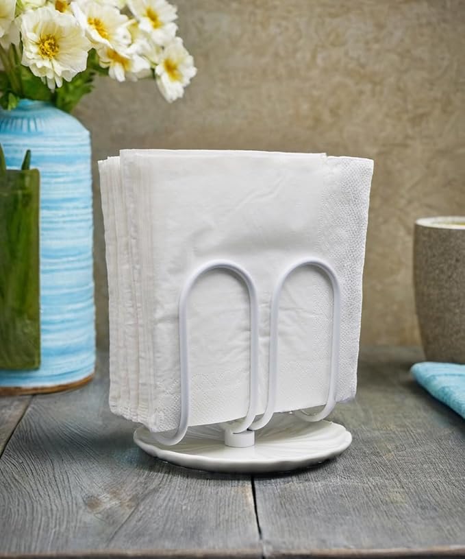 VROOMIUM Napkin Holder for Table, Effortless Cleaning Ceramic Base, 1 lb Weight, White Napkin Holders for Paper Napkins, Servilleteros para Mesas