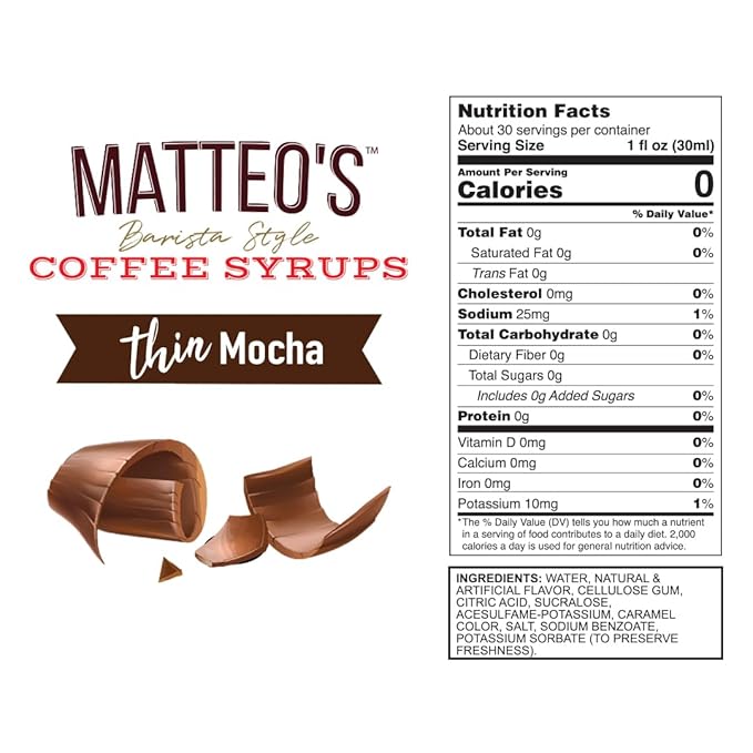 Matteo's Mocha Syrup for Coffee, Lattes, Cappuccinos & Desserts – Sugar-Free Sweetener for Beverages, Keto Friendly, Zero Calories, Indulgent Flavor, Non-Alcoholic, Ideal for Hot Drinks 33.8oz (1pk)