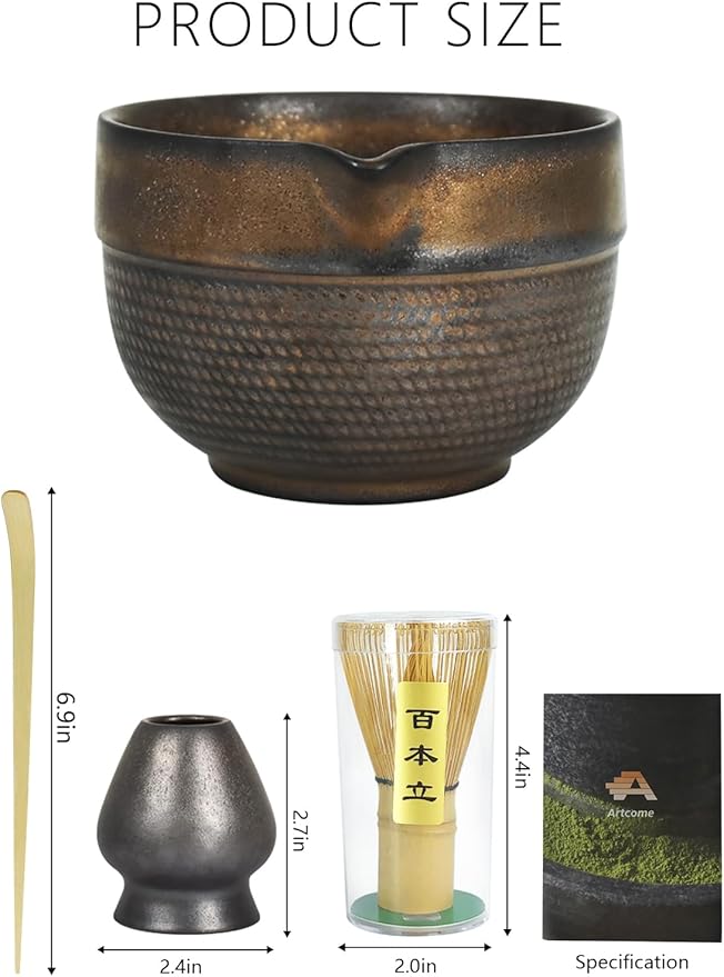 Artcome Luxury Matcha Tea Set – 4-Piece Japanese Matcha Kit with Black Rustic Glazed Bowl & Spout, Bamboo Whisk, Holder, Scoop & Manual – Handcrafted Ceramic Tea Ceremony Set