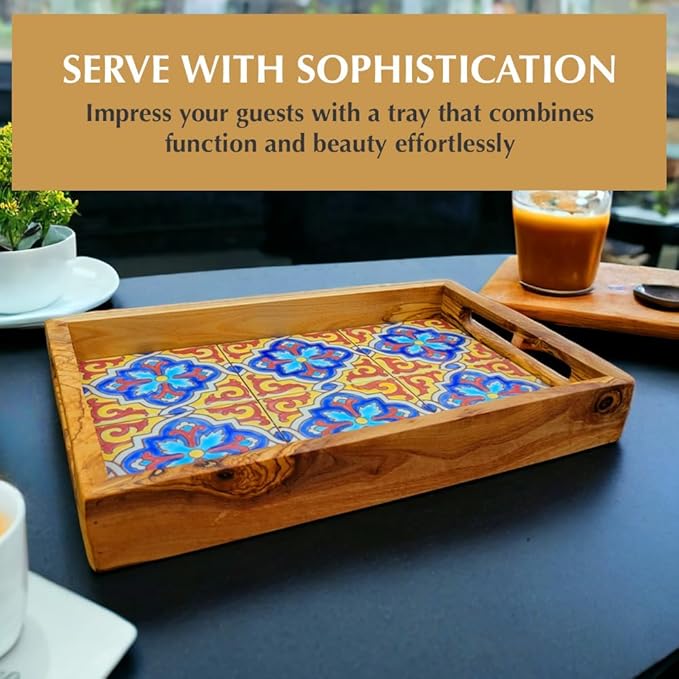 Kamsah Olive Wood Serving Tray with Handles (L:13”, W:9”) Decorative Rectangle Serving Trays for Serving Food, Drinks, Tea, Coffee - Rustic Vintage Wooden Serving Tray for Table & Gifts - Alhambra