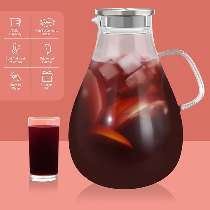 Glass Pitcher With Lid, 128 oz Glass Water Pitcher For Fridge, 1 Gallon glass Pitchers With Handle And Lid, Hot and Cold Beverages Tea pitcher, Jug, Carafe, Juice Coffee Milk pitchers