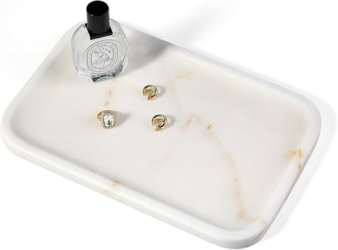 Koville Marble Tray, 12"x8" Marble Vanity Tray for Bathroom Kitchen Countertop, Rectangular Stone Tray for Cosmetics Perfume Trinket, Decorative Catchall Trays (Golden Calacatta)