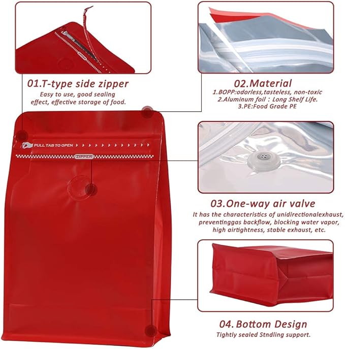 REMTAP Coffee Bags with Valve（50pcs,1lb,16oz) Red High Barrier Aluminumed Foil Flat Bottom Standing Coffee Beans Storage Bags,Reusable Heat Sealable Side Zipper Pouches for Home or Store
