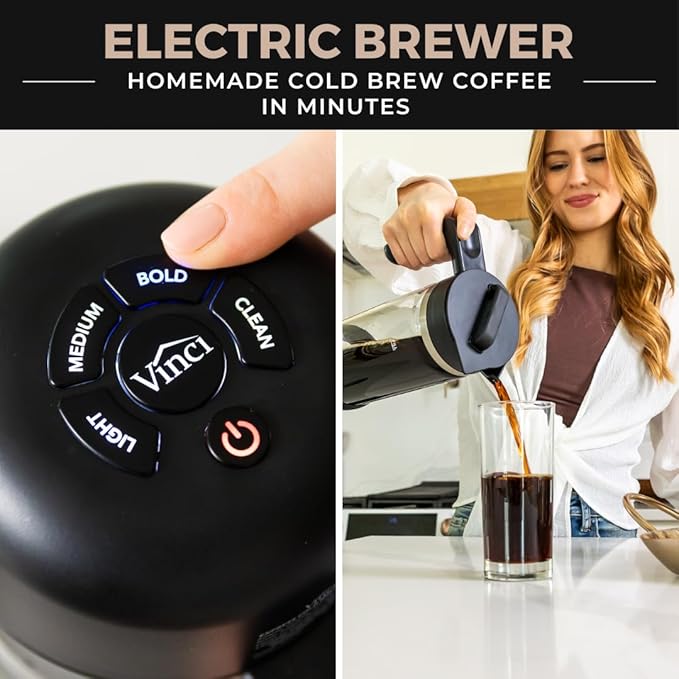 VINCI Express Cold Brew, Electric Cold Brew Coffee Maker in 10 minutes, Glass Carafe, 4 Brew Strength Settings & Cleaning Cycle, Easy to Use & Clean 1.4 Liters Push Button Control