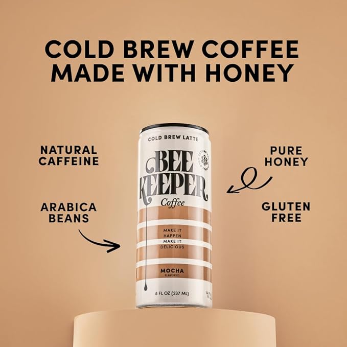 Beekeeper Mocha Latte Cold Brew Coffee Drinks with Oregon Honey | 12 Pack Refreshing Iced Coffee - Unsweetened & Strong Arabica Brew, 8 fl oz Ready-to-Drink Can - 180mg Natural Caffeine