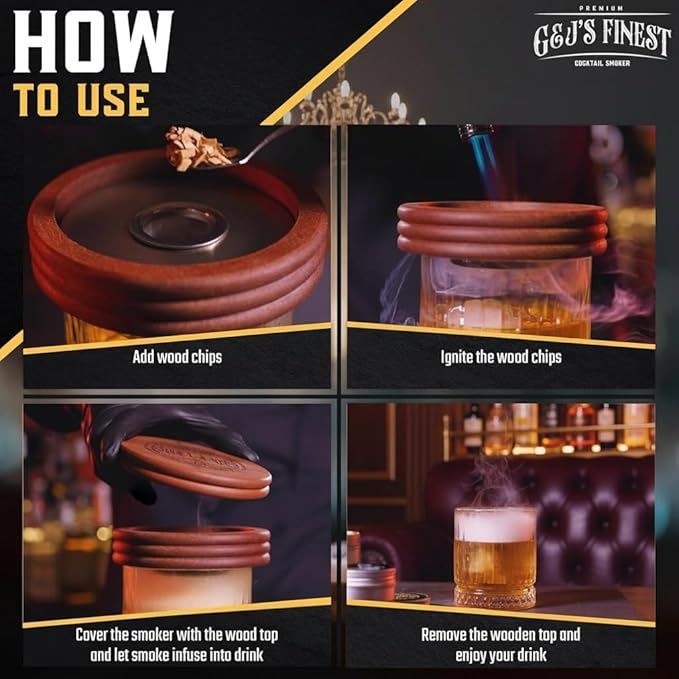 Whiskey Smoker Kit | Cocktail Smoker Kit| Bourbon Smoker Kit| Old Fashioned Smoker Kit with 3-Flame Torch, 6 Wood Chips & Gift Box for Smoking Drinks| Whiskey Gift for Men (No Butane Incl.)