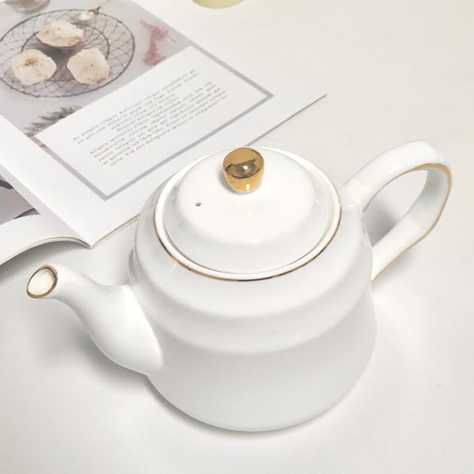 Strengthen Porcelain Teapot, 32oz Coffee Pot Ceramic Teapot- Stripe Design (White)