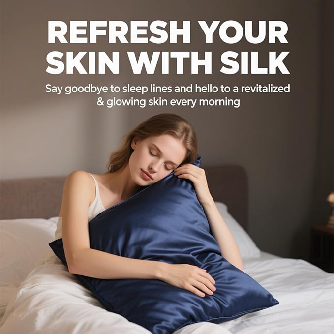 Ravmix Silk Pillow Cases with Zipper, 21momme Mulberry Silk Pillowcase for Hair Skin Health, Soft Smooth Breathable Cool Pillow Cover for Beauty Sleep with Gift Box 1PC(King 20"x36", Navy Blue)