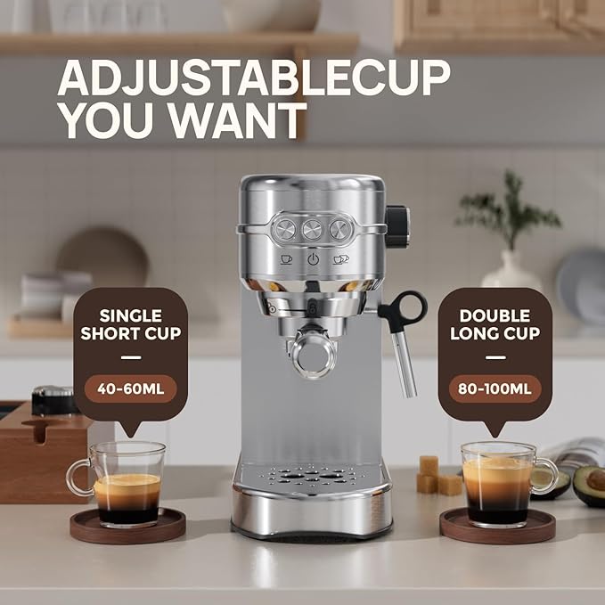 Espresso Machine 20 Bar, Compact Espresso Maker, Stainless Steel Expresso Coffee Machines with Steam Milk Frother & 34oz Removable Water Tank for Home, Cappuccino Machine, Great Gift