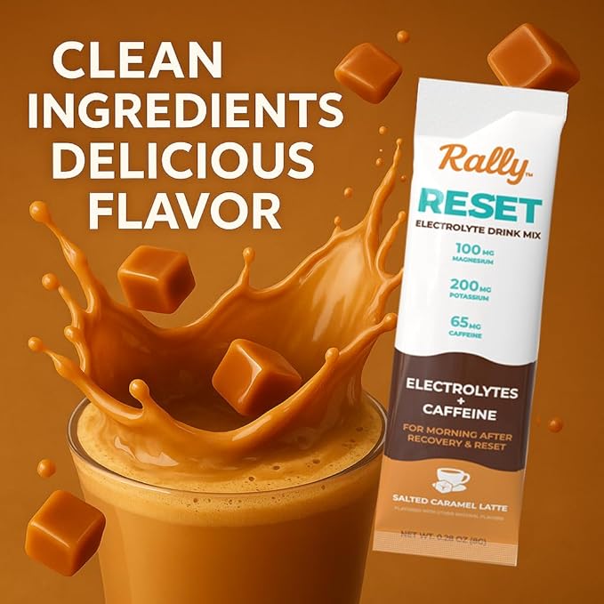 Rally Reset Instant Coffee Packets – Salted Caramel Latte Mix with MCT Oil, Caffeine, Vitamin B12 & Vitamin C – Functional Single-Serve Coffee Sticks, Low Sugar | 36 Sticks