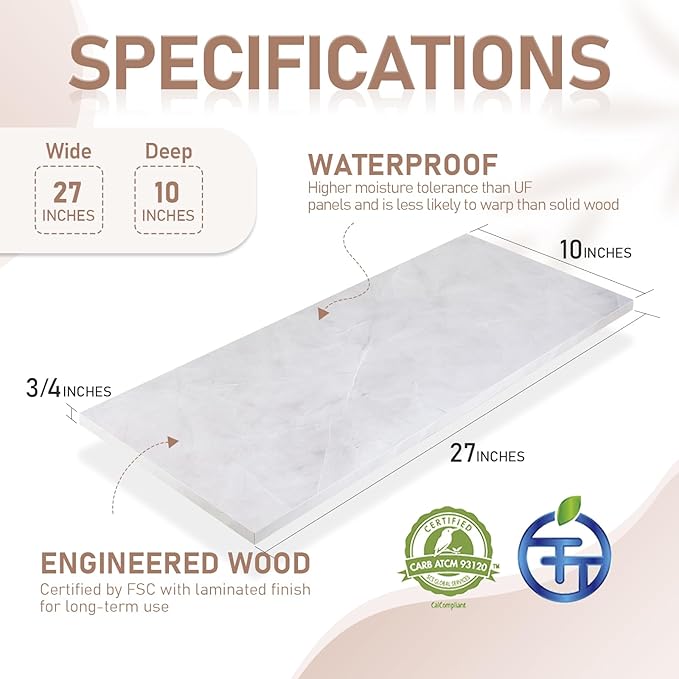 Kaboon 27 inch Long 10 inch Deep Floating Shelves for Wall Set of 2, Large Open Shelves Wall Mounted, Space Saving Home and Commercial Use, White Rock