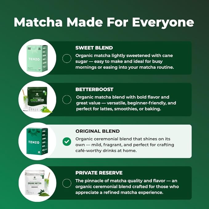 Tenzo Single Serve Matcha Green Tea Powder - Matcha Power Single Serve Sticks - Ceremonial Grade - Organic Matcha Green (10 Count)