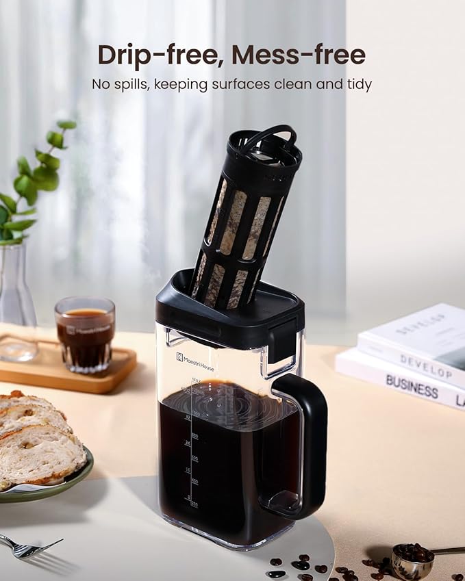 Maestri House Compact Cold Brew Coffee Maker, 40oz Iced Tea and Coffee Maker Brewer Space Saving Tritan Pitcher, 350 Mesh Filter, 100% Leak-Proof