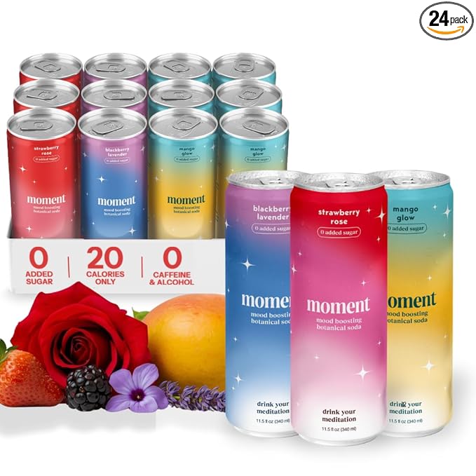 Moment Botanical Soda Soft Drink (Shark Tank) - SPARKLING Drinks | Fruity Fun | L-Theanine & Ashwagandha for Calm & Clarity | 0 Added Sugar 0 Caffeine | 24-pack