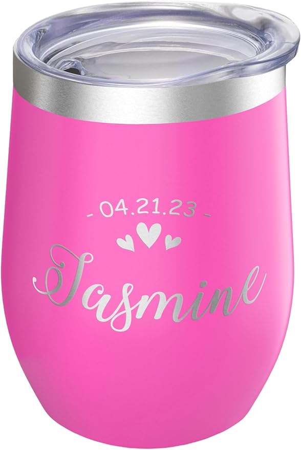 Gifts Inscribed Personalized Wine Tumbler with Lid – Pink Custom Engraved Stainless Steel Insulated Mug for Hot & Cold Drinks – Customized Bridesmaid, Wedding, or Birthday Gift