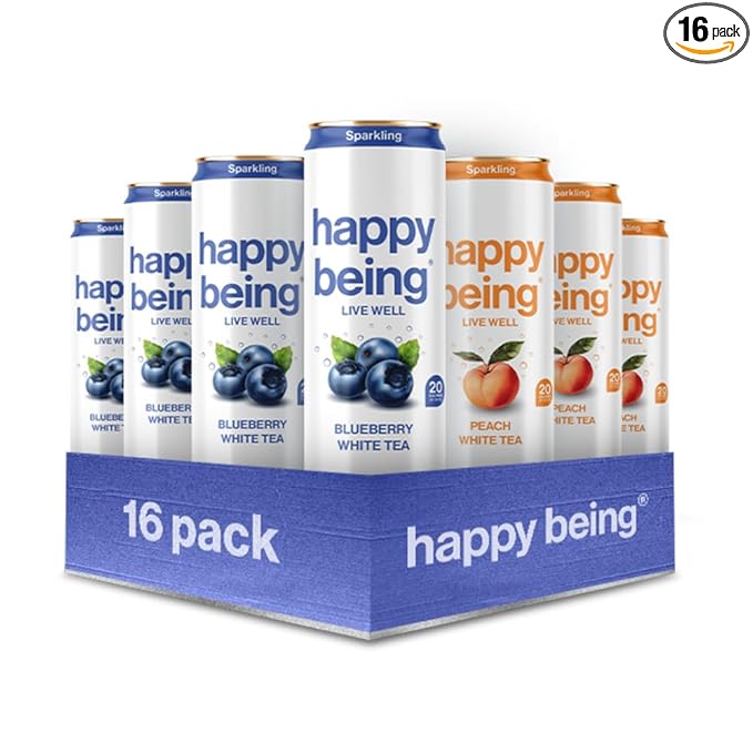 Happy Being Sparkling Nutrient-Rich Organic Blueberry & Peach Rose White Tea Infused with Turmeric, Elderberry, Vitamin D3, Caffeine Free, Plant-Based, Low Calorie & Low Sugar Drinks, 16 Pack