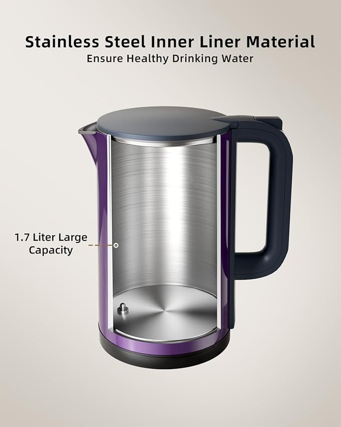 Tisania Smart Electric Kettle with Temp Control - 1.7L Cordless Kettle for Milk, Tea, Coffee, Baby Formula, 5 Presets & 2-Hour Keep Warm, Fast Boil Stainless Steel, Purple