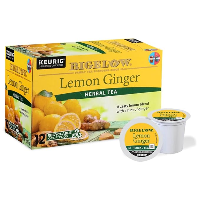 Bigelow Tea Lemon Ginger Herbal Tea Keurig K-Cup Pods, Caffeine Free Tea Keurig Tea Pods, 12 Count Box (Pack Of 6), 72 Total K-Cup Pods