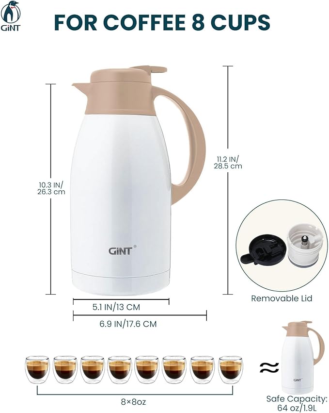 GiNT Stainless Steel Thermal Coffee Carafe, Double Walled Vacuum Thermal Carafe, Water and Beverage Dispenser,12 Hour Heat Retention，65 OZ /1.9 Liter White