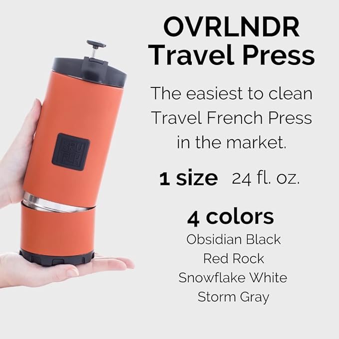 BruTrek OVRLNDR Travel Coffee French Press, 24 fl.oz Capacity, Double Wall Vacuum Insulated, Easy To Clean Removable Bottom, Locking No Spill Lid, On The Go Coffee Brewing (Storm Gray)