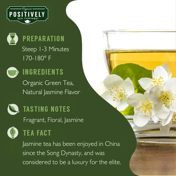 Organic Positively Tea Company, Jasmine Green Tea Bags, 100 Count, Eco-Friendly Tea Bags, Non-GMO