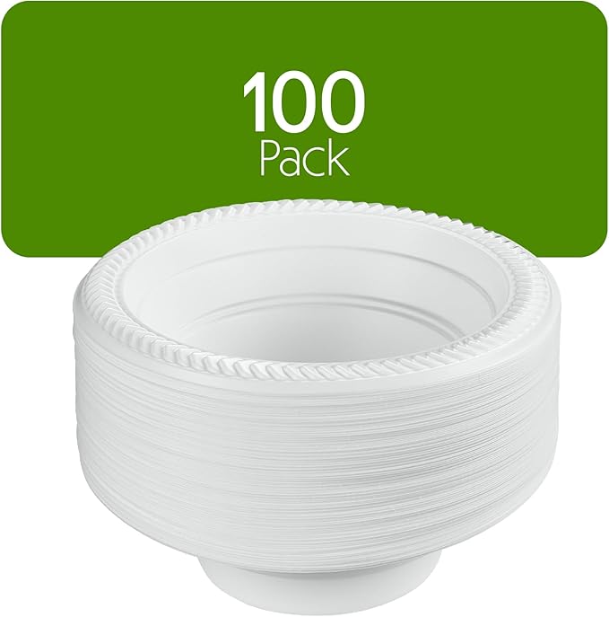 PLASTICPRO 100 PCS White Plastic Soup Bowls 12 oz Premium Quality Light Weight Dishes Disposable Plastic Bowls for Parties Weddings