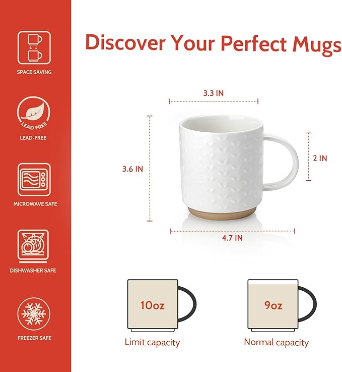 Sweese Stackable Coffee Mugs Set of 4, 10 Oz Ceramic Coffee Mug Cups with Embossed Design, Stackable Coffee Cups for Espresso, Cappuccino, Latte, Tea, White