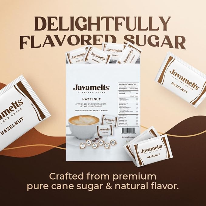 Javamelts Hazelnut Flavored Sugar Packets | Pure Cane Sugar for Baking, Coffee Syrup Substitute, Cocktails, Tea | Non GMO, Non Dairy, Gluten Free, Kosher | 200 Bulk Sugar Packets