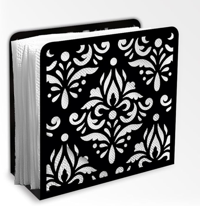 Retro Scrollwork Decorative Black Metal Napkin Holder for Table, 4.9" x 4.7" x 1.9" Damask Standing Napkin Holder for Home Kitchen Restaurant Picnic Party Coffee Bar Dining Room