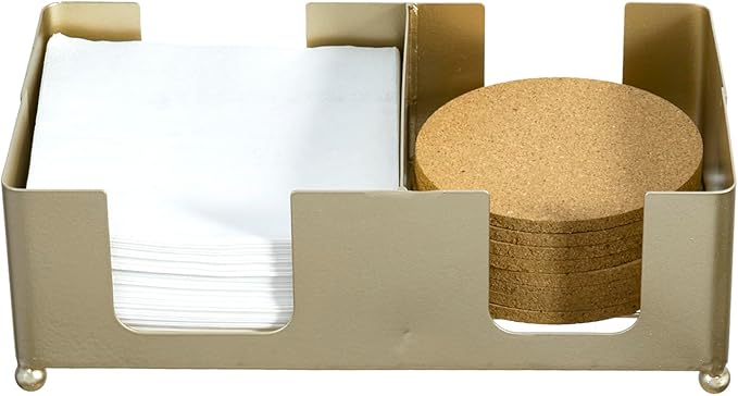 MyGift Disposable Napkin and Drink Coaster Holder, Modern Brass Tone Metal Bar Countertop or Coffee Table Guest Tray Fits Round/Square Coasters & 5'' Napkins