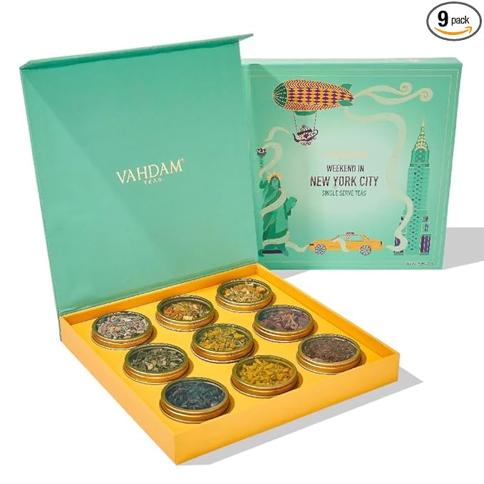 VAHDAM, Weekend in New York Christmas Tea Gift Set - 9 Loose Teas | Tin Caddy Travel Edition Gift Box | Christmas 2025 Gift Ideas for Women & Men | Gluten Free, Non GMO