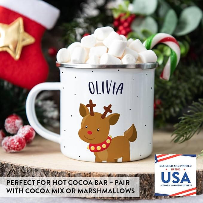 Andaz Press Personalized Name 11oz. Kids Christmas Hot Chocolate Stainless Steel Campfire Coffee Mug, Adorable Rudolph Reindeer Red Collar, 1-Pack, Custom Birthday Xmas Cup Kids Hot Chocolate Mug