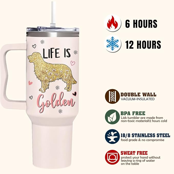 Golden Retriever Gifts for Women - Birthday, Christmas, Mothers Day Gifts for Dog Lovers - Golden Retriever Puppy Essentials for Mom - 40oz Tumbler with Handle and Straw