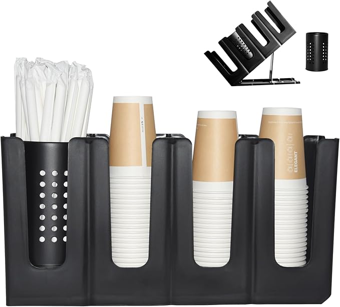 Cup Holder Lid Dispenser with Straw Organizer,4 Compartment 7 Adjusting,Cup Storage Organizer for Breakroom Countertop Coffee Station Bar Restaurant