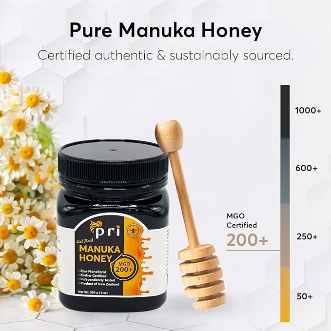 P.R.I Manuka Honey, Certified MGO 200+, Raw New Zealand Manuka Honey, 250g Jar