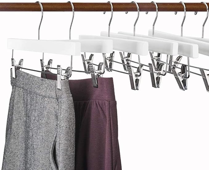 HOUSE DAY Premium Wooden Pants Skirts Hangers, Solid Wood Trousers Bottom Hanger with 2-Adjustable Clips, Clip Hangers for Slacks, Jeans, Shorts (White, Pack of 100)