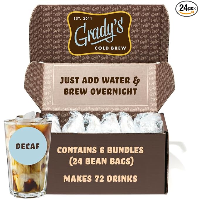 GRADY’S COLD BREW, New Orleans Style - DECAF, 100% Arabica Ground Coffee & Chicory Pouches, SIX Bundles of 4 Easy-to-Brew Bean Bags, Makes 72 drinks