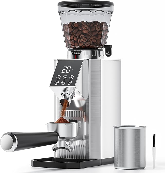 Burr Coffee Bean Grinder for Home Use with 45 Precise Grinding Settings, Espresso Grinder with Height Adjustable Funnel Stand, LED Touch Panel, Anti-static Design, Memory Mode User Friendly