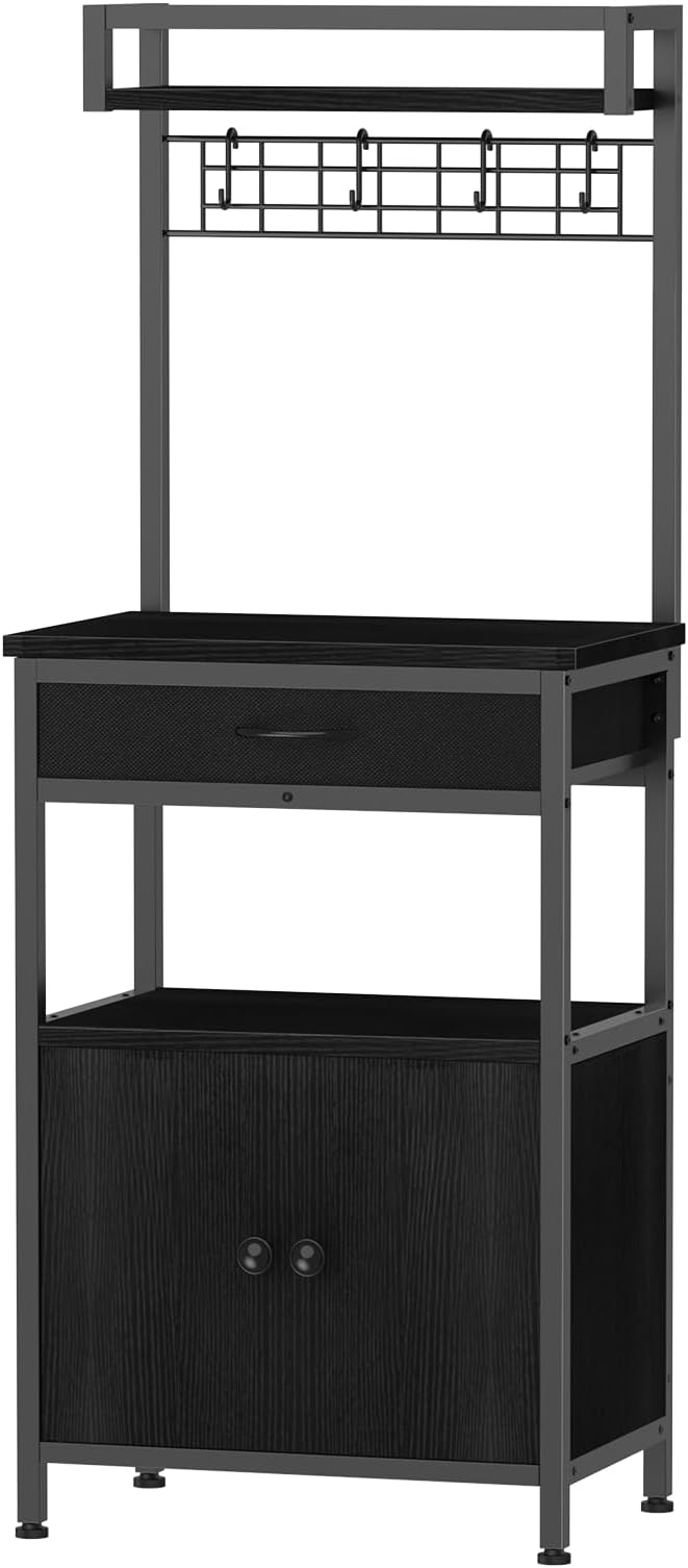 5-Tier Coffee Bar Cabinet & Microwave Stand with Storage, 2 Doors, 4 S-Hooks Kitchen Appliance Bakers Rack for Spices, Pots,Coffee Station for Small Spaces,Living Room,Entryway,Black