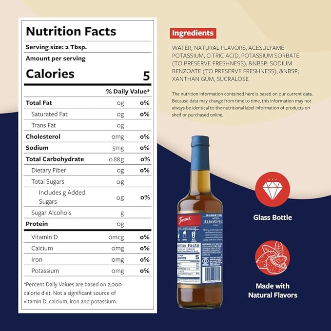 Torani Sugar Free Coffee Syrup, Almond Roca Flavoring for Drinks, Zero Calorie, Glass Bottle with Pump Included, 25.4 Fl Oz