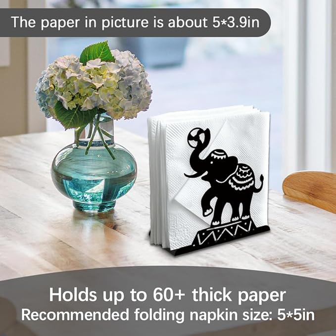 Circus Elephants Decorative Black Metal Napkin Holder for Table, 5.3" x 4.9" x 1.9" Animal Standing Napkin Holder for Home Kitchen Restaurant Picnic Party Coffee Bar Dining Room
