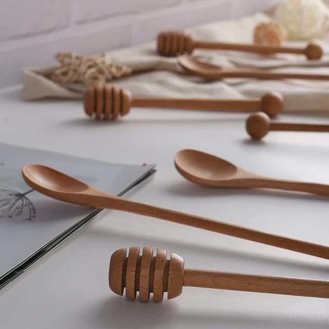 4 PCS 6 Inch Honey Dipper Sticks and 4 PCS 7.87 Inch Coffee Stirring Spoons, Beech Wooden Honey Spoon Stirrer for Honey Jar Dispense Drizzle Honey and Wedding Party Gift